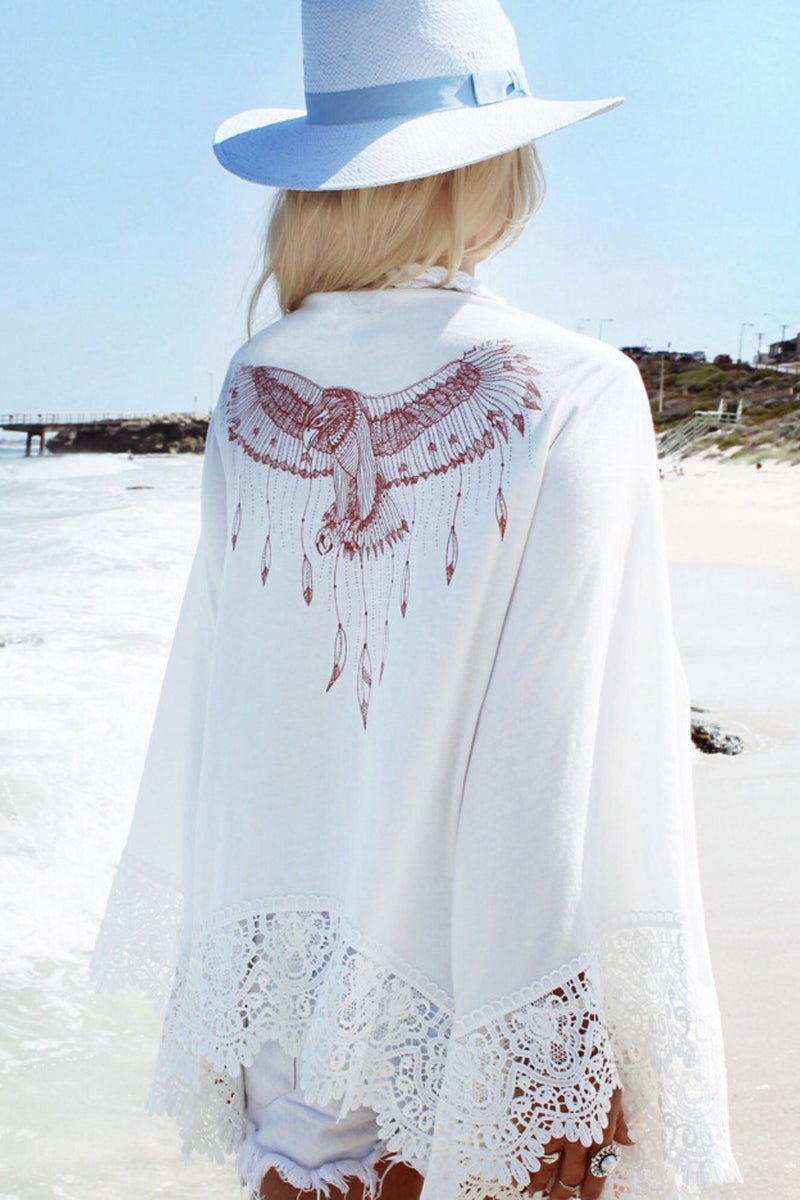 Eagle Print Lace Patchwork Beach Cover up