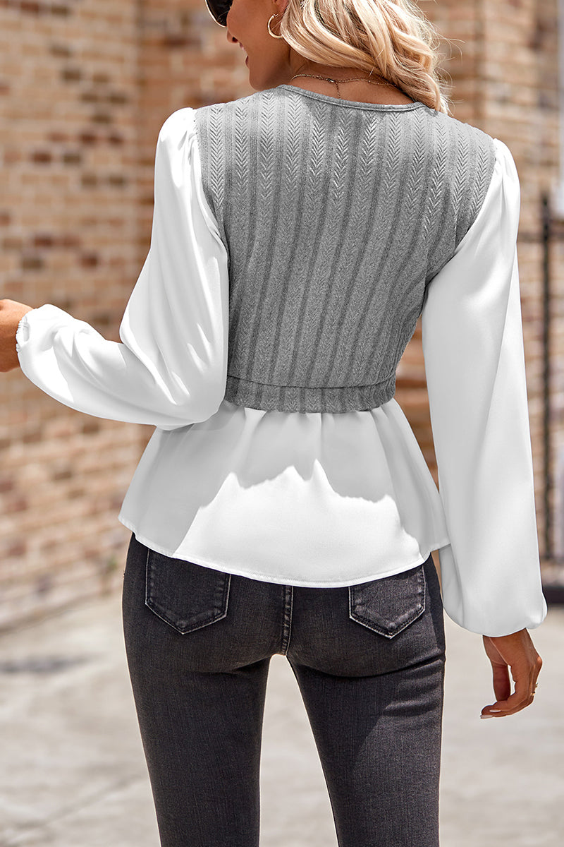 V-neck Patch Work Long-sleeved Top