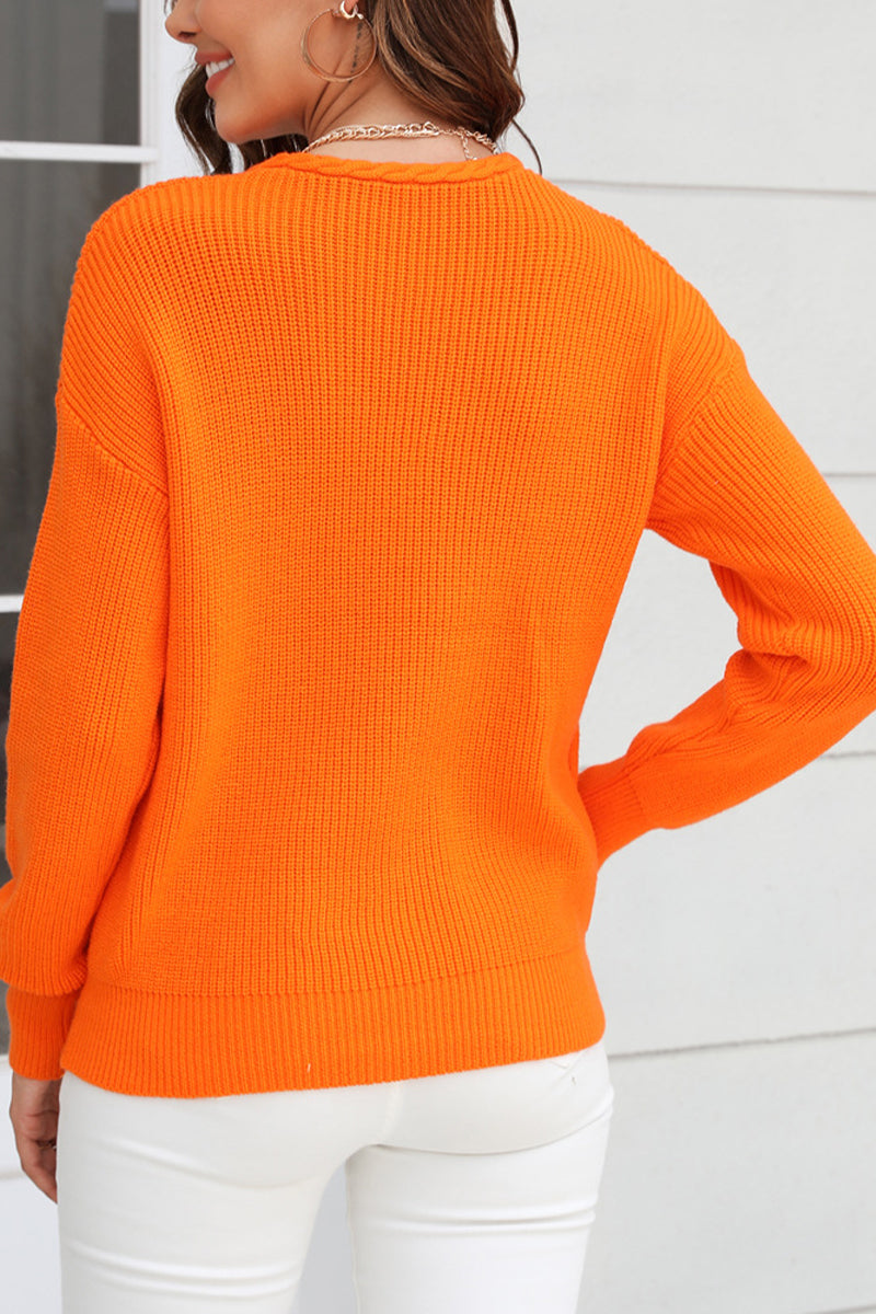 Solid Color V Neck Twist Knit Pullover Sweater