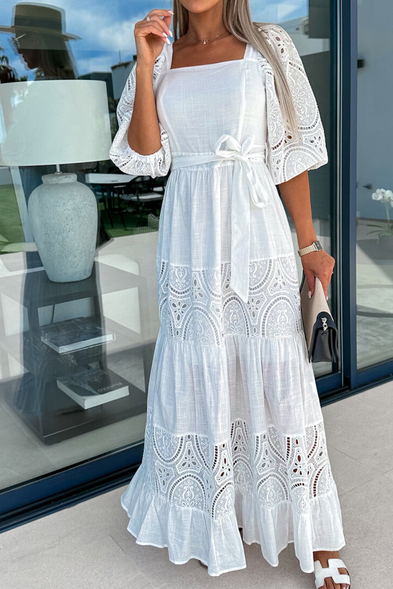 Crochet Lace Patchwork Belted Puff Sleeve Maxi Dress