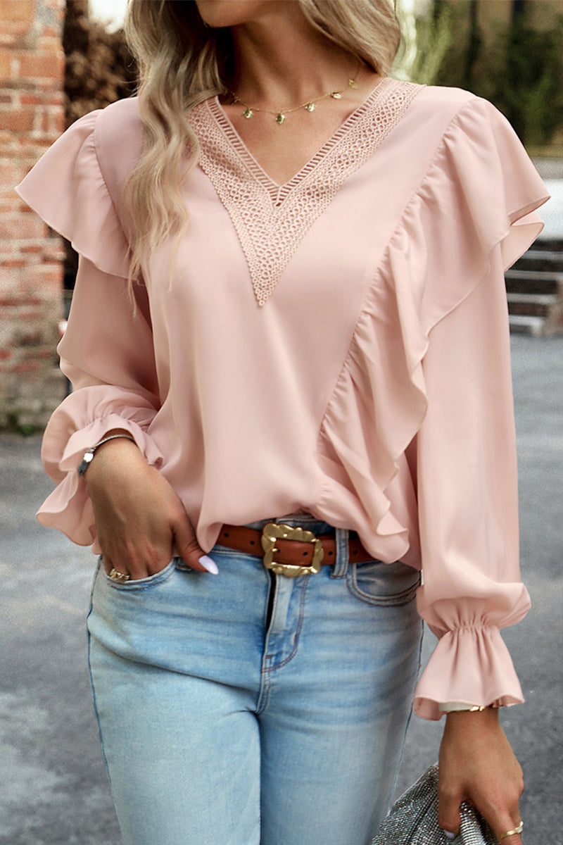 V-neck Lace Ruffle Sleeve Top