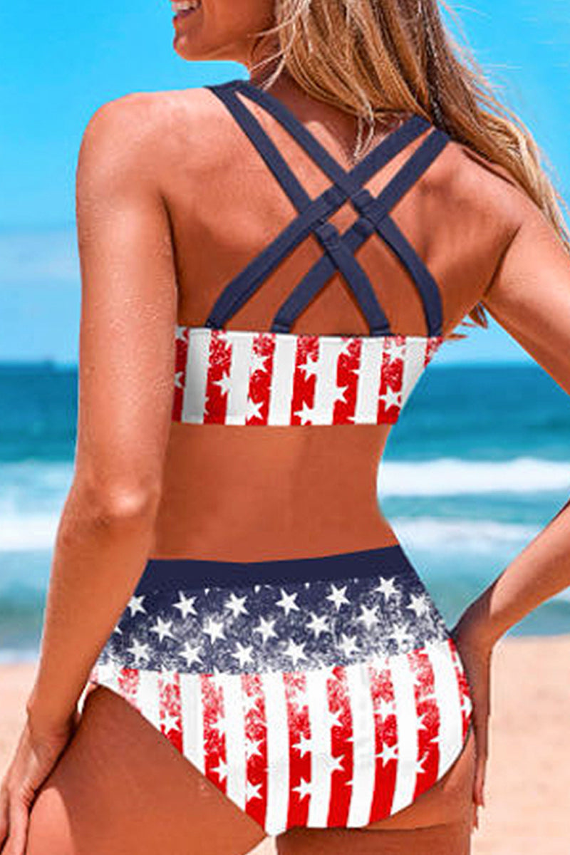 American Flag Star Print Drawstring Two Piece Swimsuit