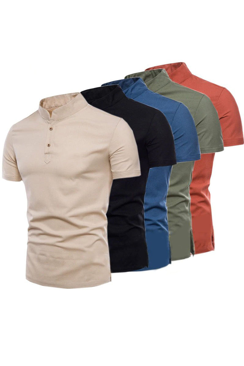 Men's Stand Collar Short Sleeve Cotton Linen Shirt