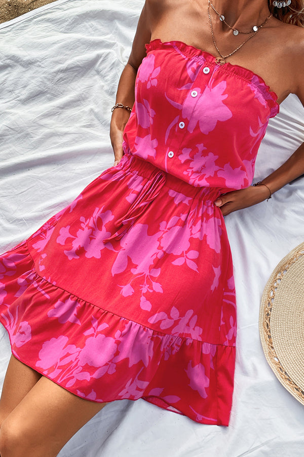 Fashion Floral Print Strapless Tie Waist Casual Dress