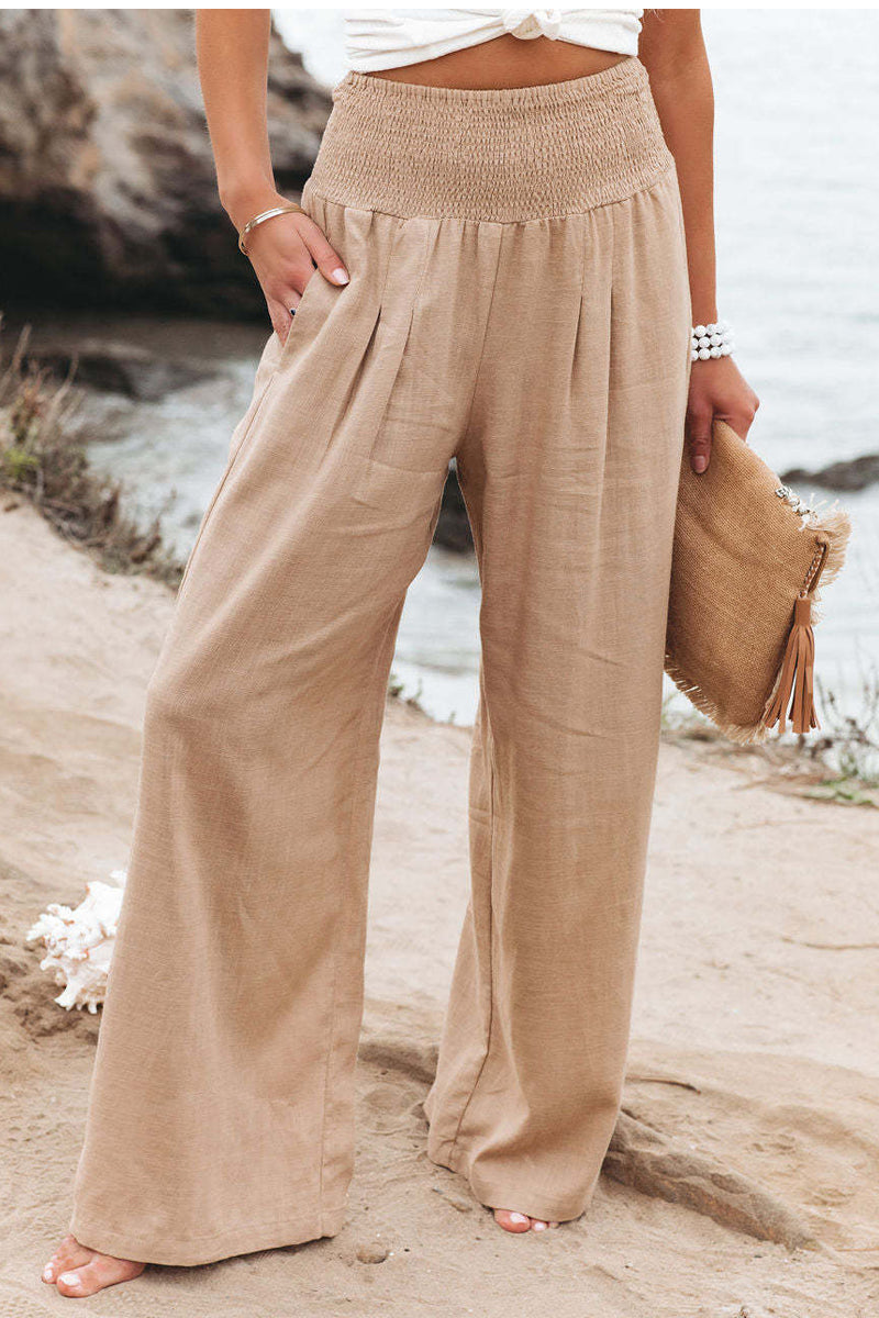 Linen Blend Pocketed Smocked Pants