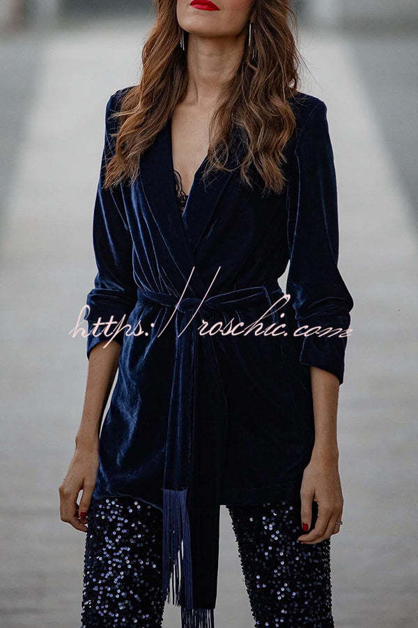 Crushing on You Velvet Lapel Tassel Belt Loose Blazer