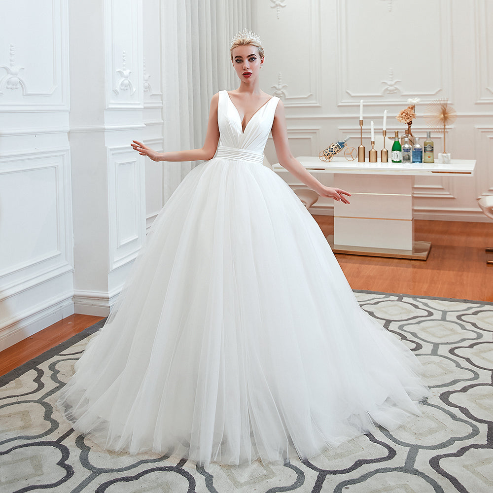 Wide Strap Deep V-Neck Floor-Length A-Line Bridal Gown with Tulle