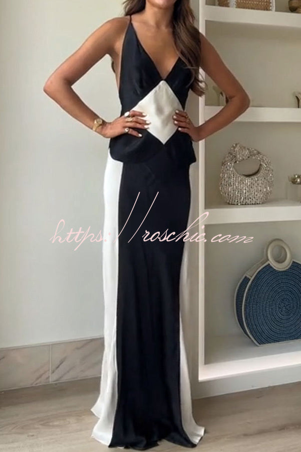 Extreme Elegance Satin Contrast Color V Neck Maxi Dress - Fashionpara