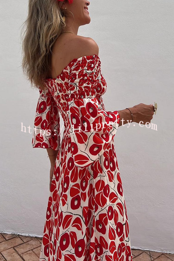 Close To The Vacation Floral Print Smocked Off Shoulder Pocketed Maxi Dress - Fashionpara