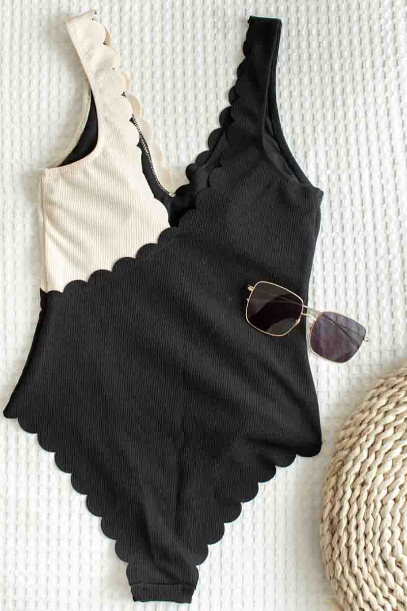 Flounce Design Patchwork Black One-piece Swimsuit