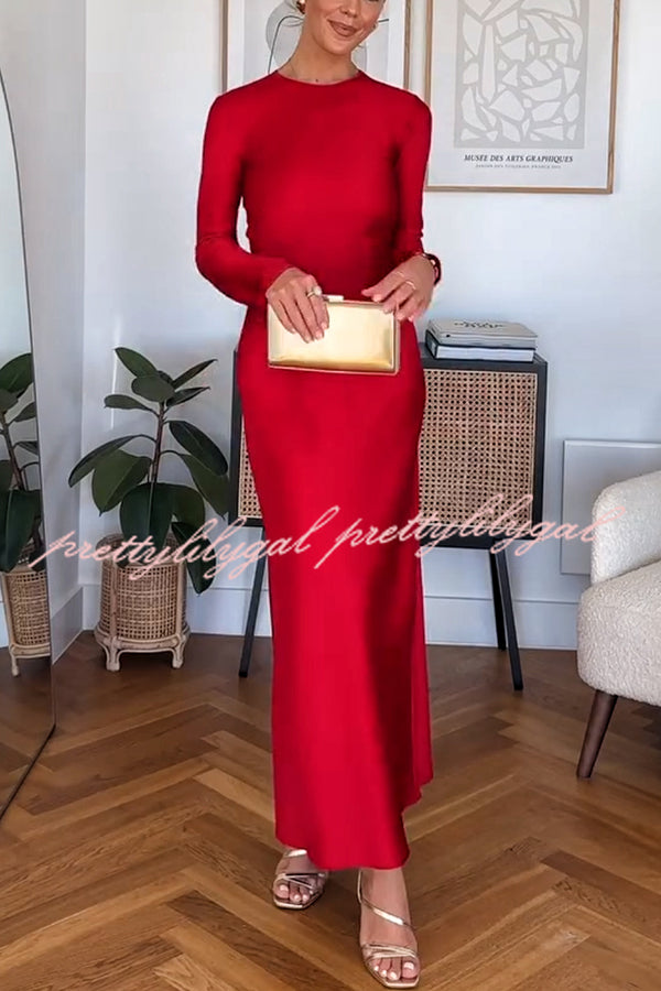 Winter Wedding Satin Back Tie-up Long Sleeve H-line Maxi Dress