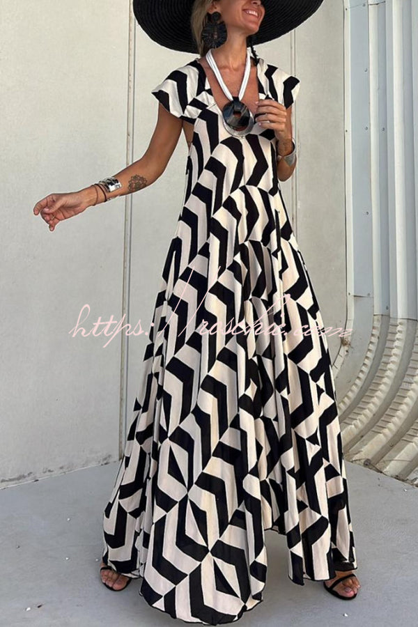 Fresh Breeze Ethnic Unique Print Ruffle Sleeve A-line Maxi Dress - Fashionpara