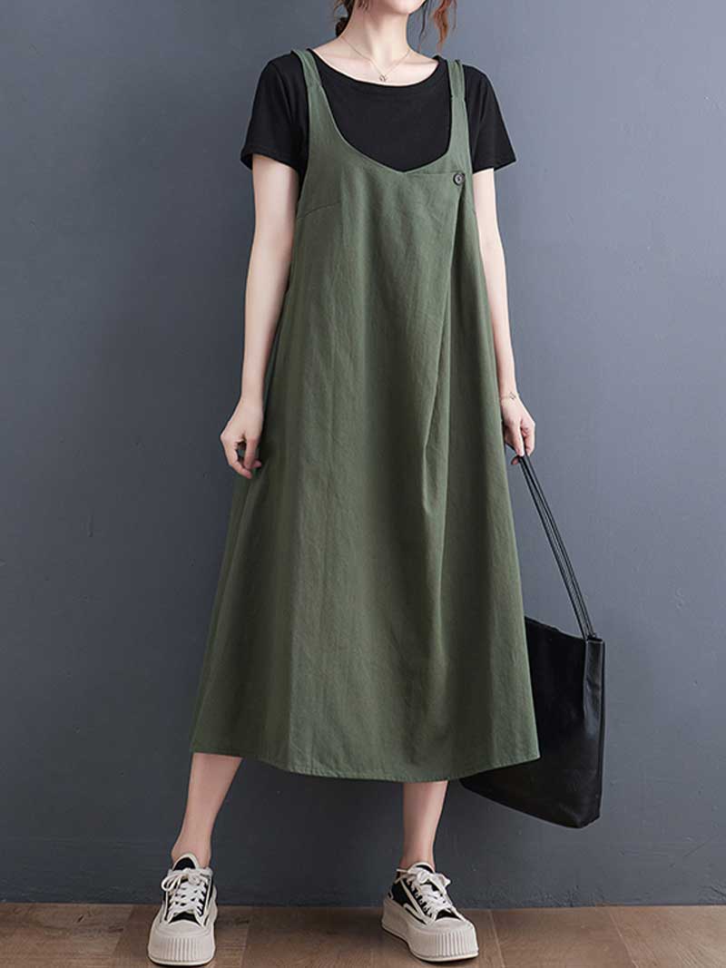 Plain Cotton Round-Neck Salopette Dress - Fashionpara