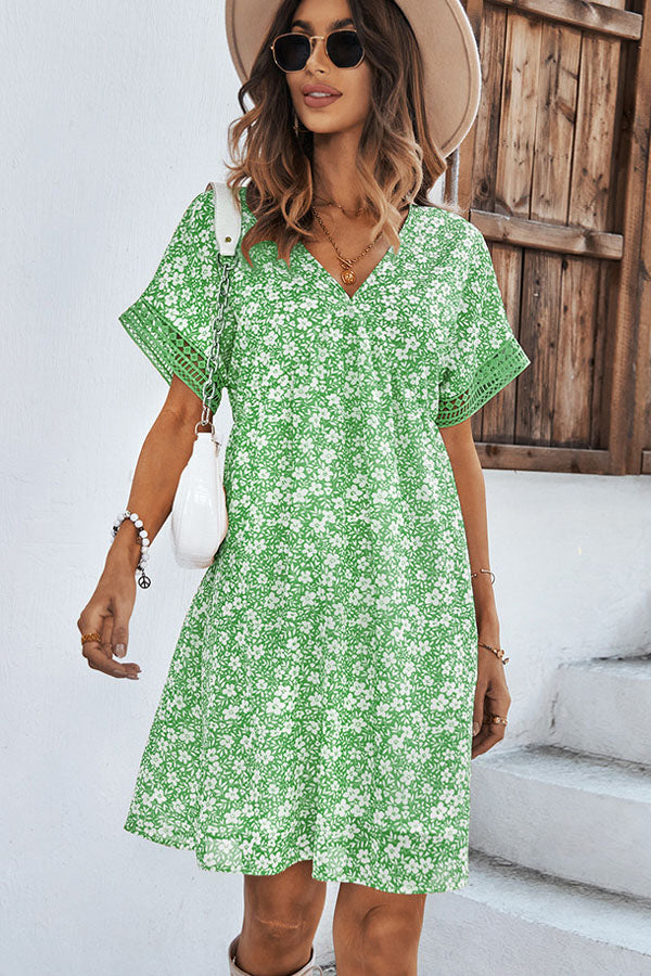 Floral Print V Neck Ruffled Casual Dress