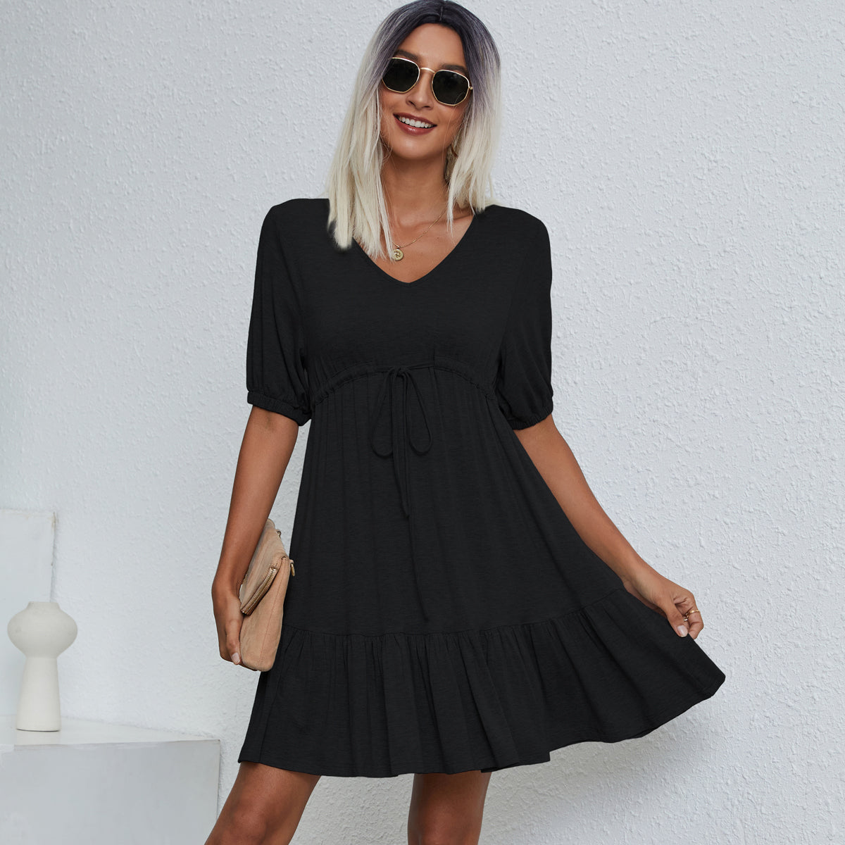 V Neck Drawstring Waist Solid Casual Mini Dress