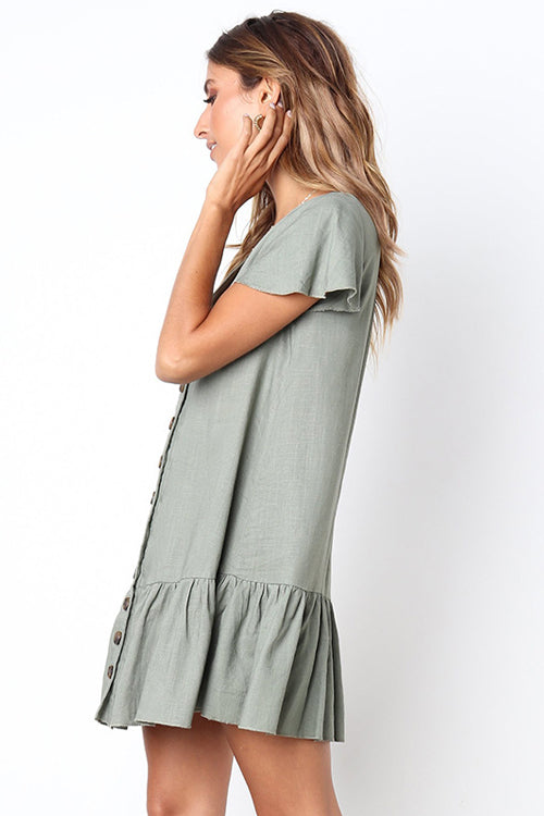 Button-up V-neck Ruffle Mini Dress - 4 Colors