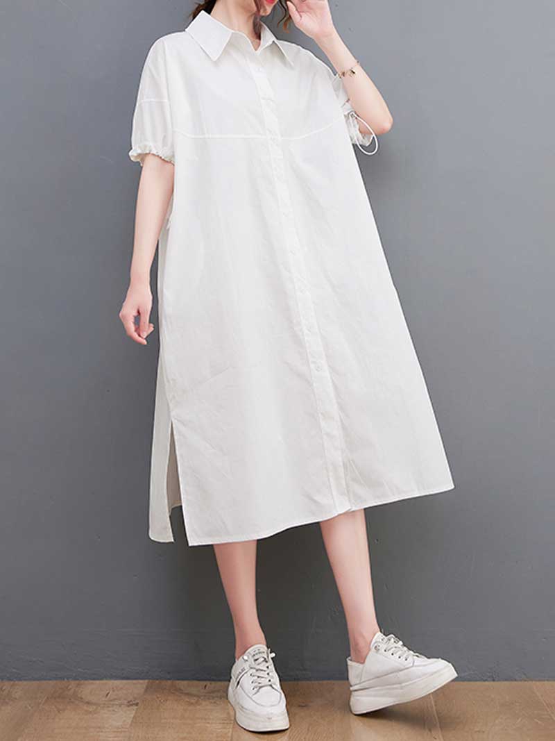 Plan Collar-Neck Cotton Shirt Dress - Fashionpara