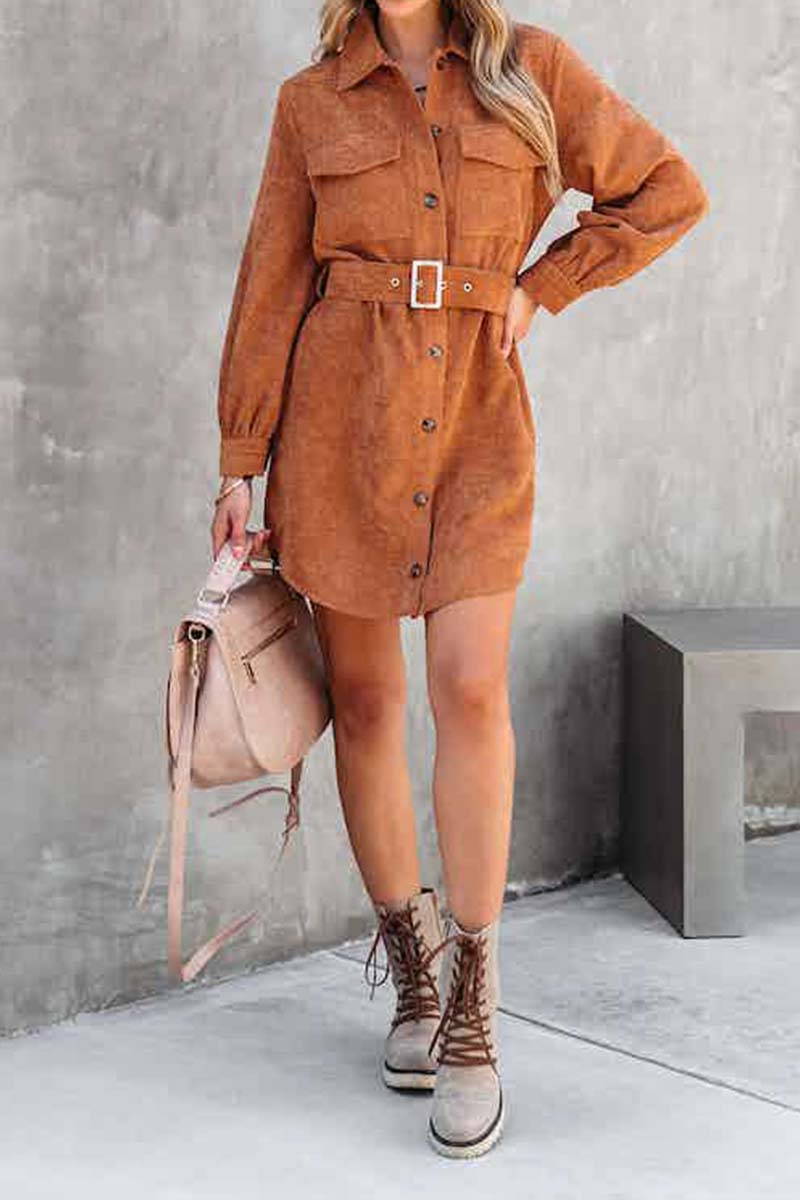 Corduroy Belted Button Down Shirt Dress