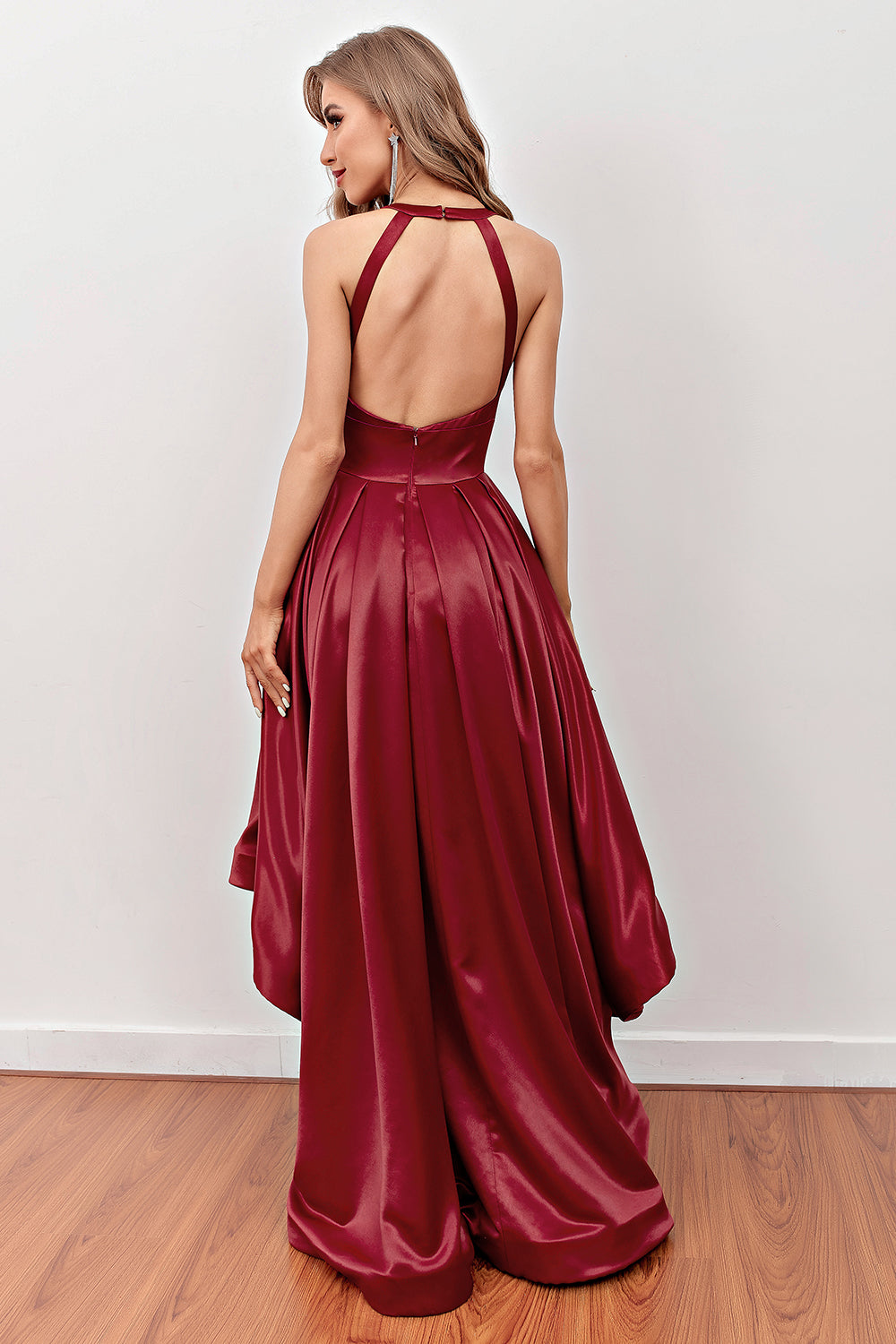 Burgundy High Low Prom Dress with Pockets