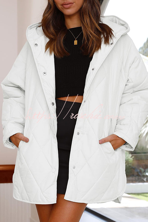 Diamond Quilted Button Pocket Hooded Long Sleeve Coat