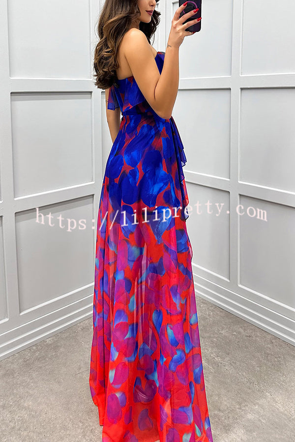 Loving Moment Gradient Unique Print Flowing Layered Ruffles Strapless Slit Maxi Dress - Fashionpara