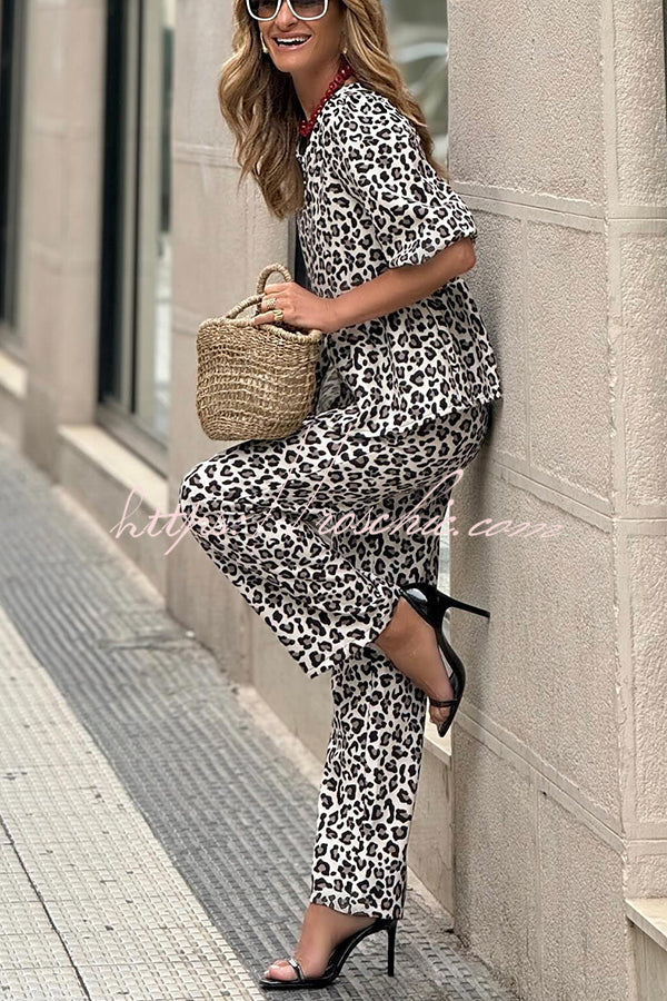 Colette Leopard Print Half Sleeve Babydoll Top and Elastic Waist Pocketed Pants Set - Fashionpara