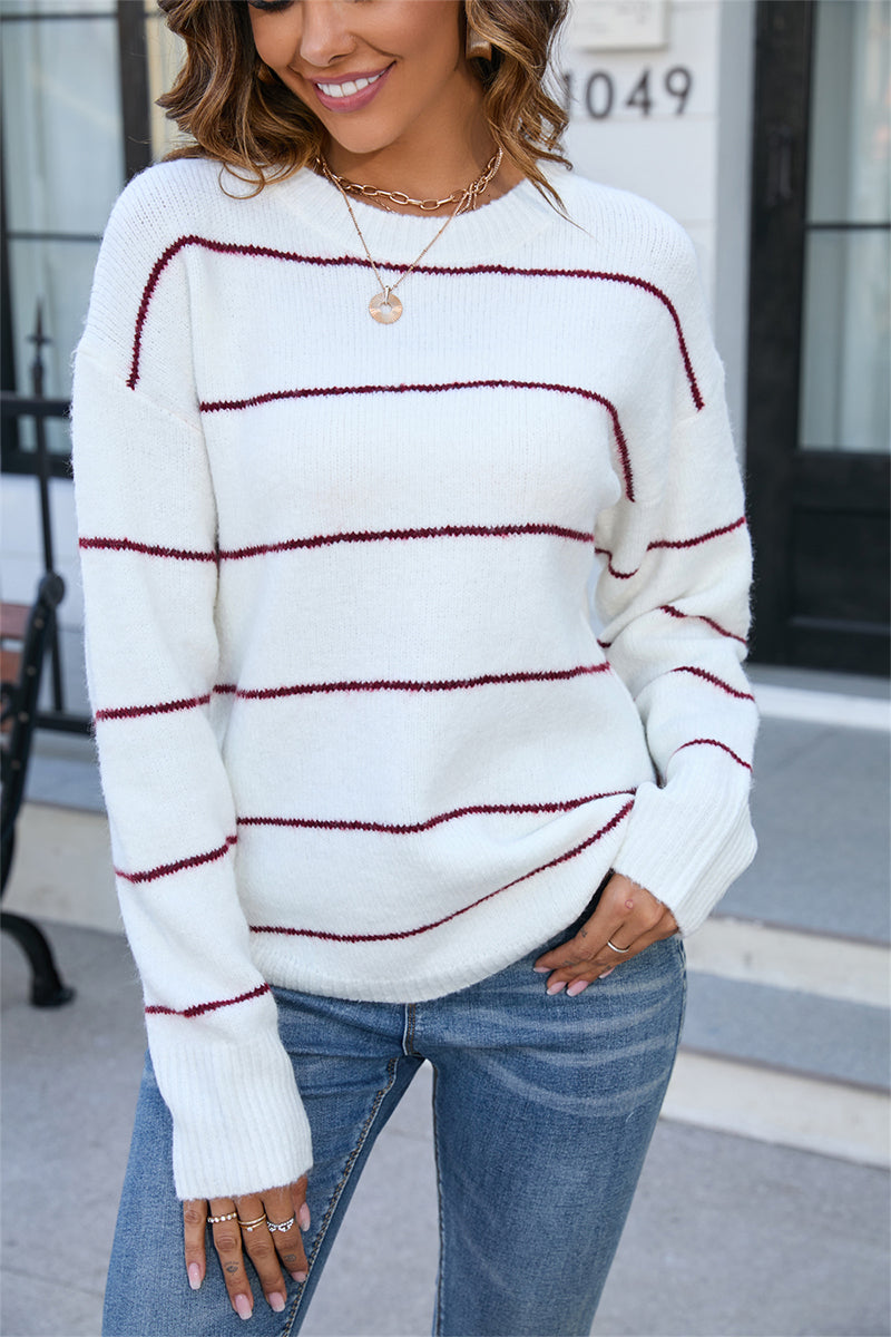 Round Neck Striped Knit Pullover Sweater