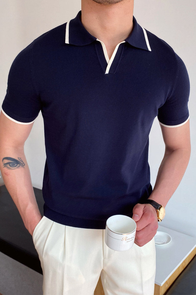 Fashion Contrast Colors Short Sleeve Knit Polo Shirt