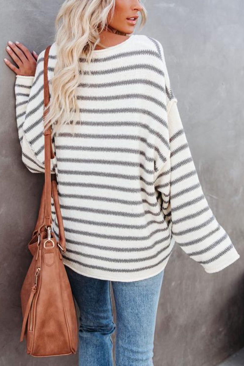 O Neck Striped Loose White Sweater