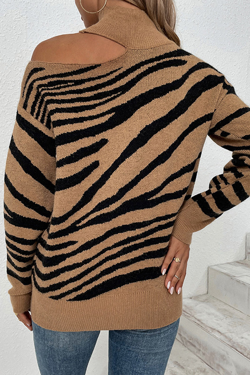 Leopard Print Dew Shoulder Turtleneck Sweater