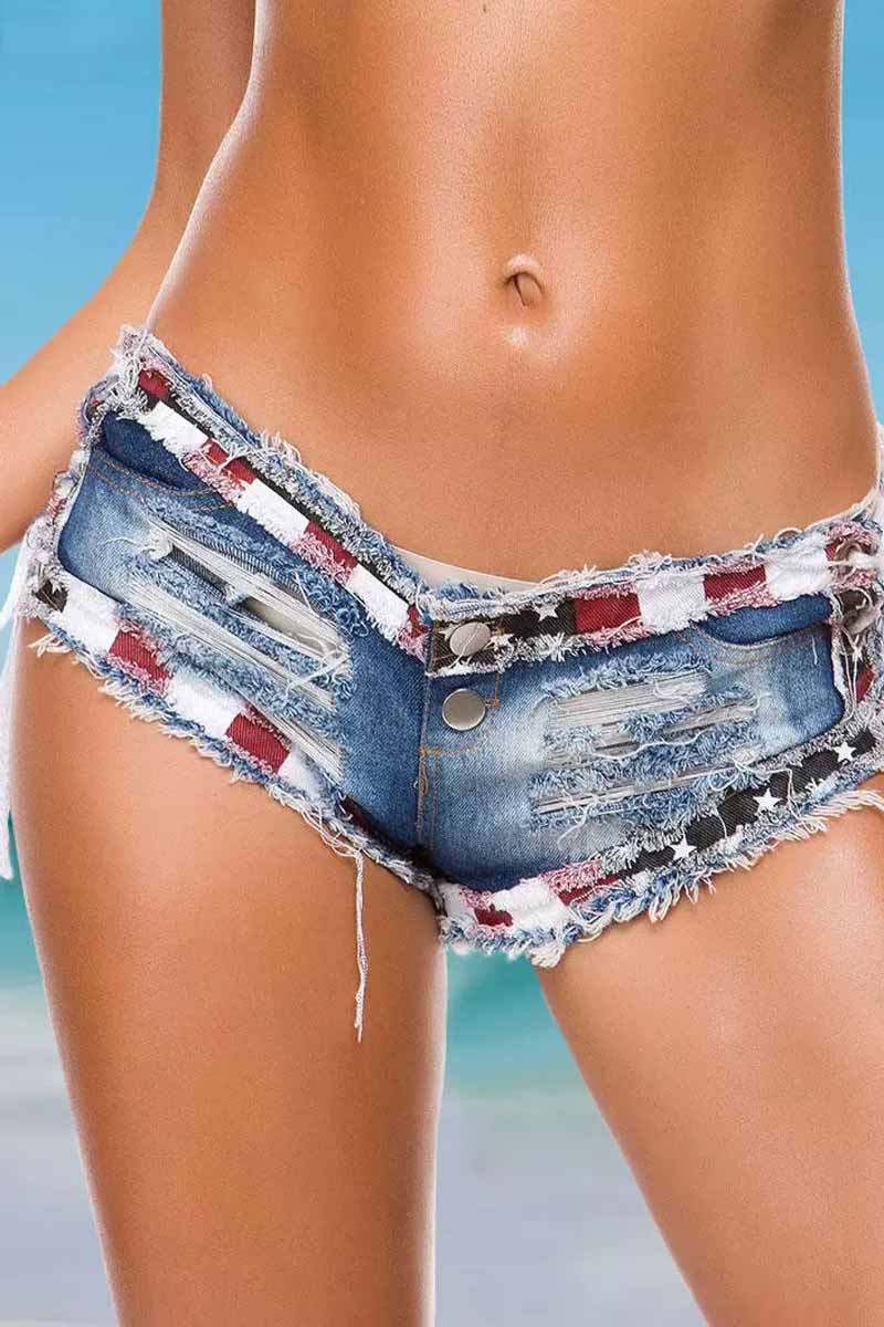 American Flag Lace Up Ripped Hole Frayed Shorts