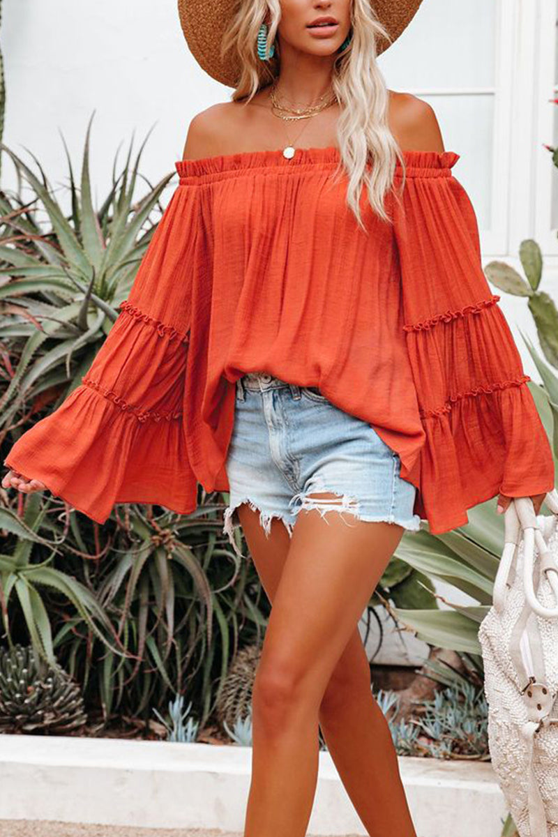 Solid Color Bell Sleeve Off Shoulder Top