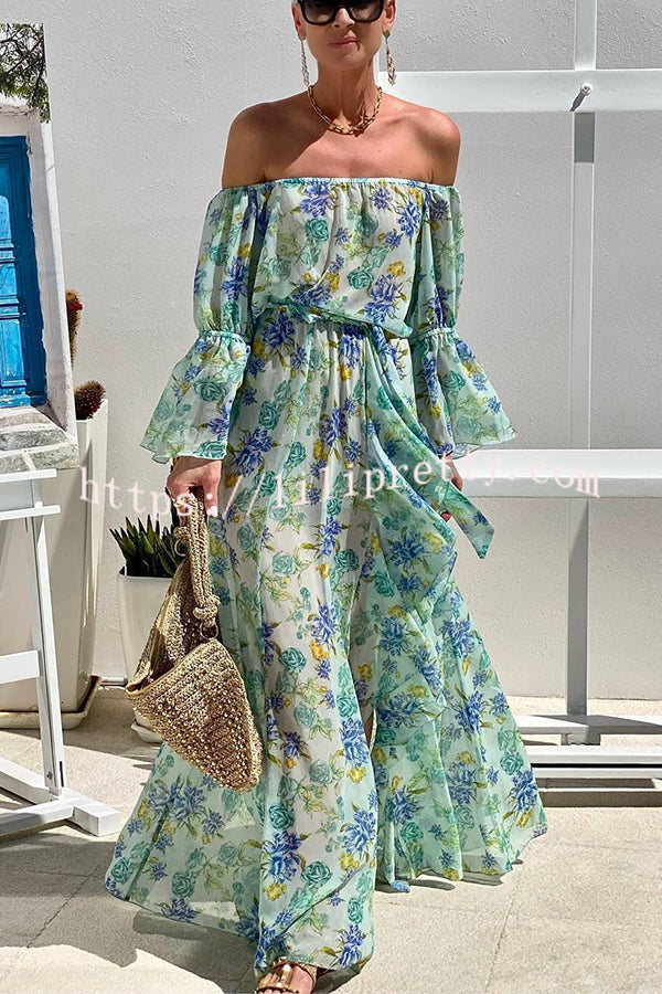 Joyful Journeys Off Shoulder Floral Print Elastic Waist Ruffle Maxi Dress - Fashionpara