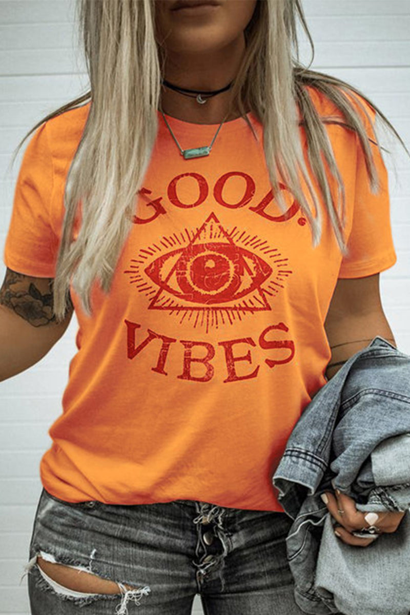 O Neck Daily Letter GOOD VIBES Print White T-shirt