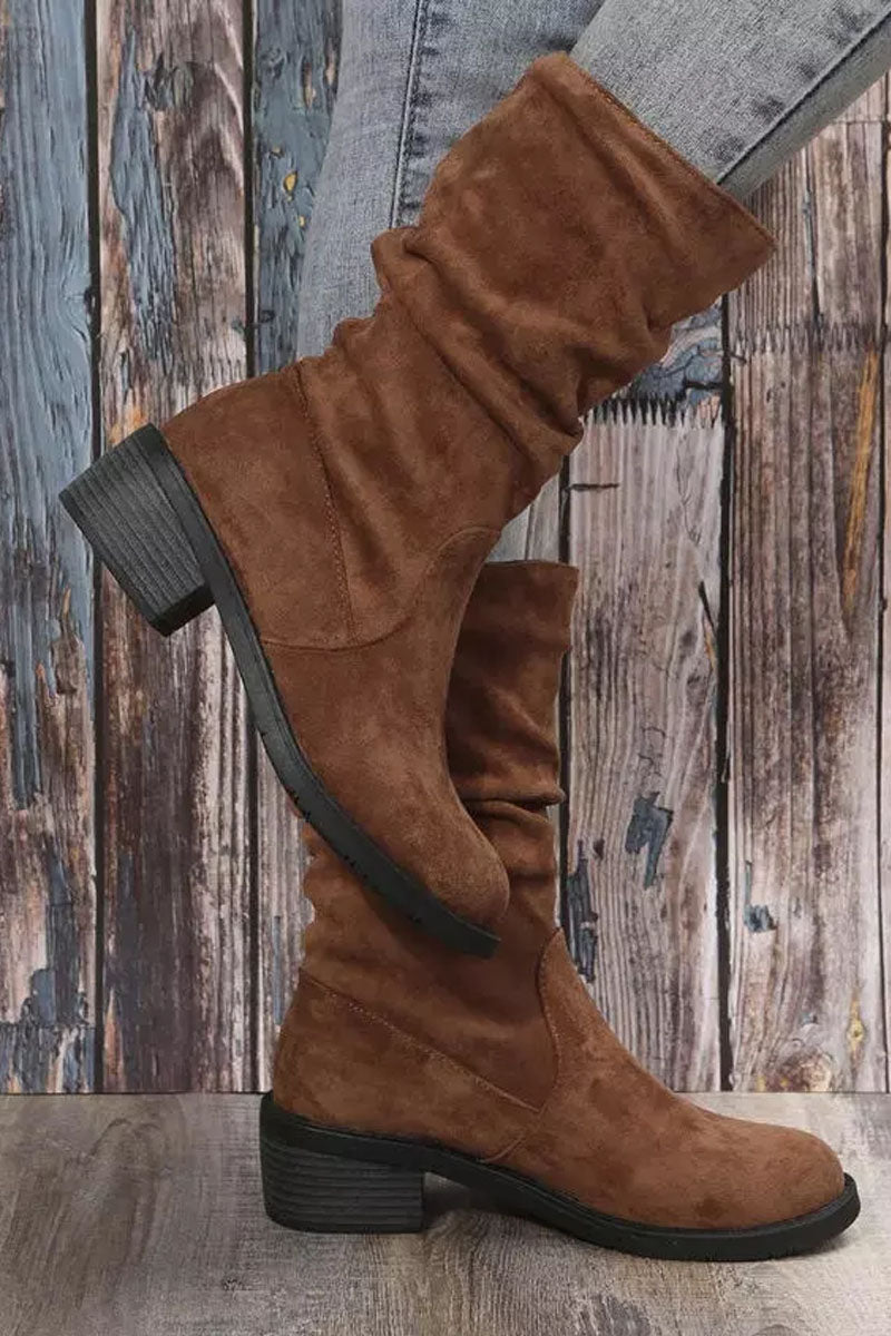 Ruched Suede Plain Square Heel Boots