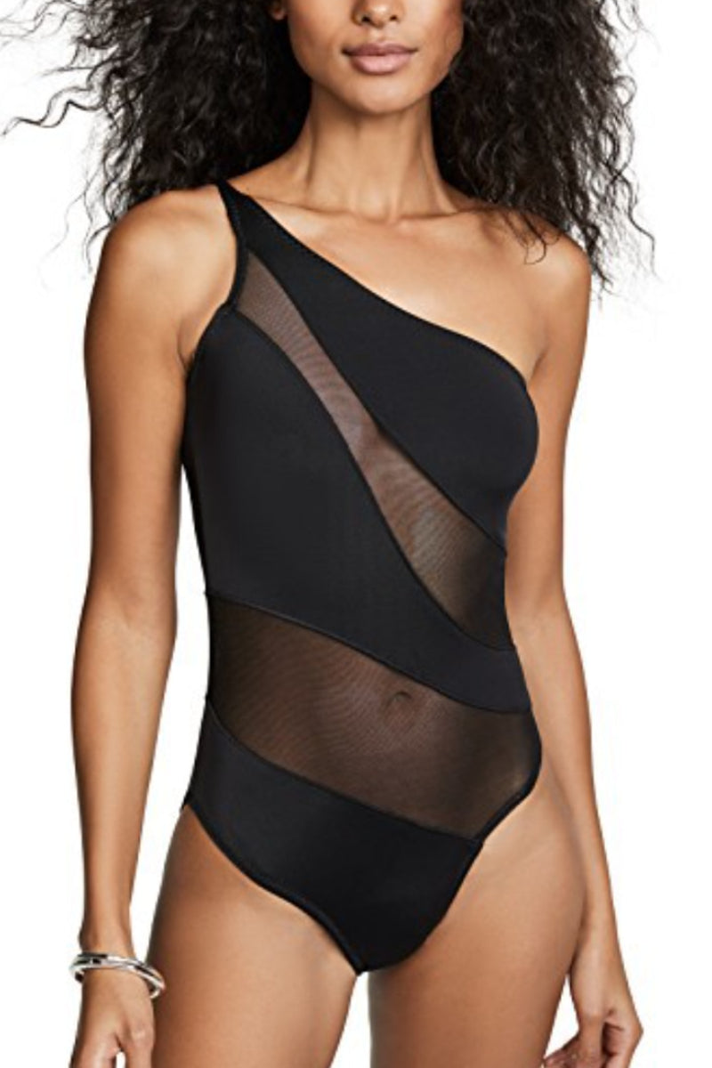 One Shoulder Patchwork Black One-piece Swimsuit