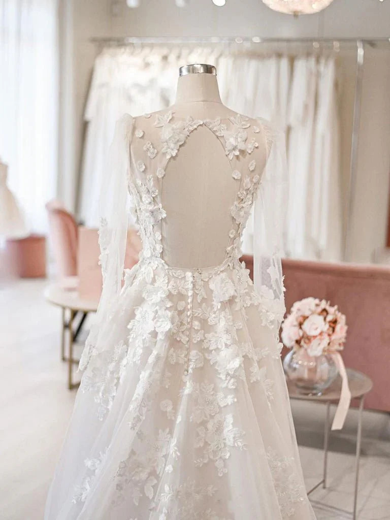 A Line Beach Wedding Dresses See Through Long Sleeve Lace Appliqued