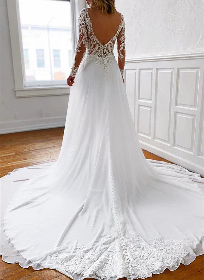 A Line V Neckline Chiffon Lace Long Open Back Sleeves Wedding Dresses