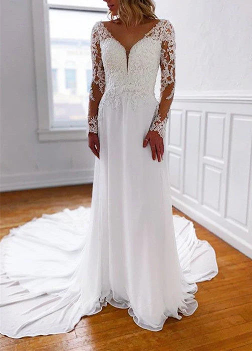 A Line V Neckline Chiffon Lace Long Open Back Sleeves Wedding Dresses