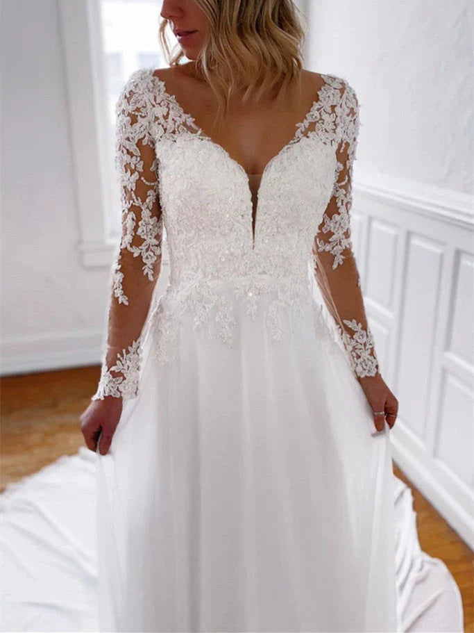 A Line V Neckline Chiffon Lace Long Open Back Sleeves Wedding Dresses