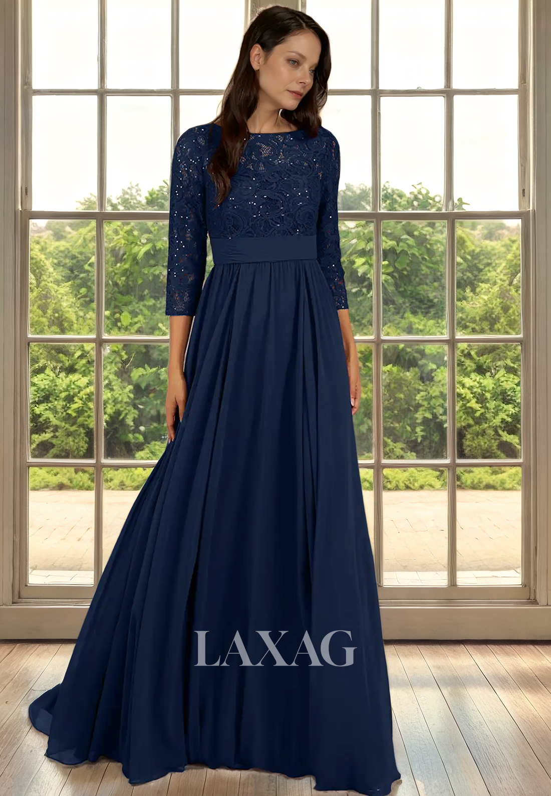 A-Line Bateau Quarter Sleeves Lace Appliques Sleek Satin Mother of the Bride Dress - Fashionpara