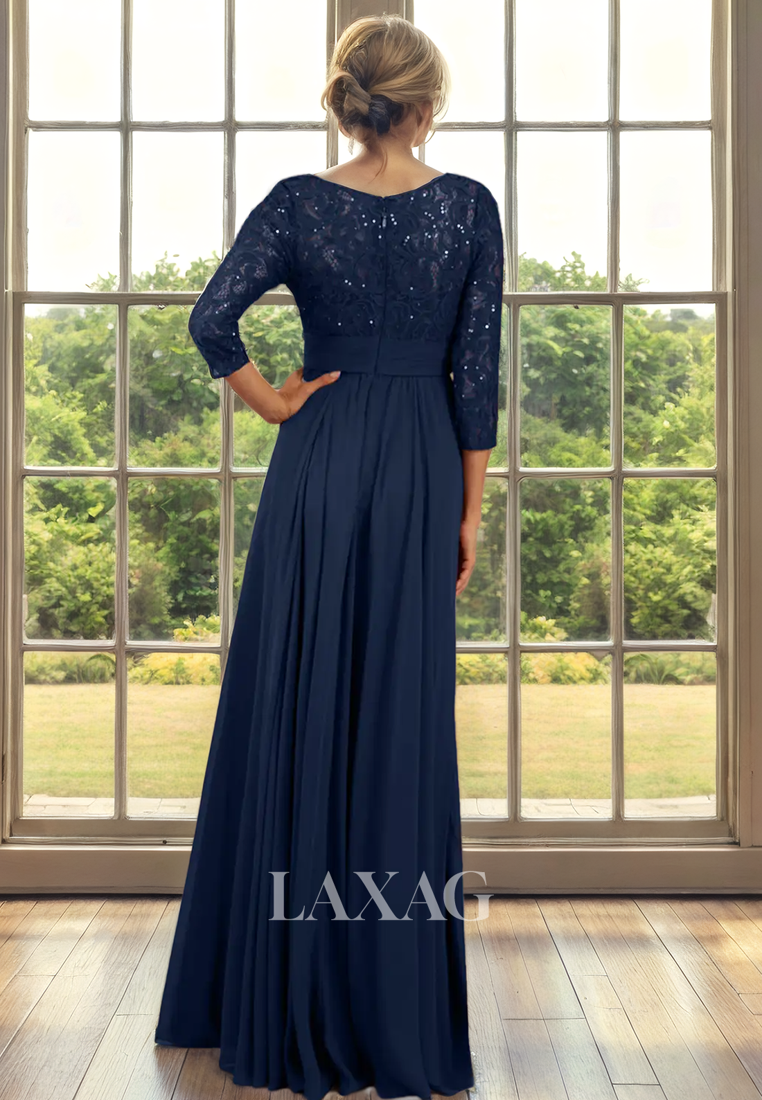 A-Line Bateau Quarter Sleeves Lace Appliques Sleek Satin Mother of the Bride Dress - Fashionpara