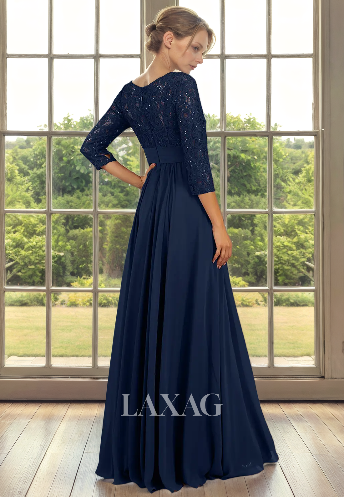 A-Line Bateau Quarter Sleeves Lace Appliques Sleek Satin Mother of the Bride Dress - Fashionpara