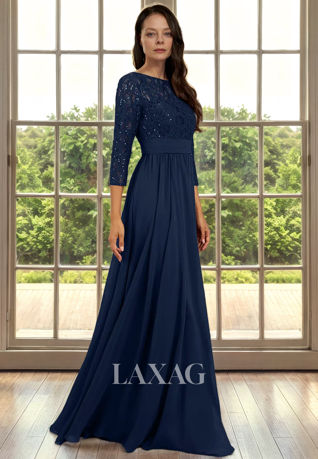 A-Line Bateau Quarter Sleeves Lace Appliques Sleek Satin Mother of the Bride Dress - Fashionpara