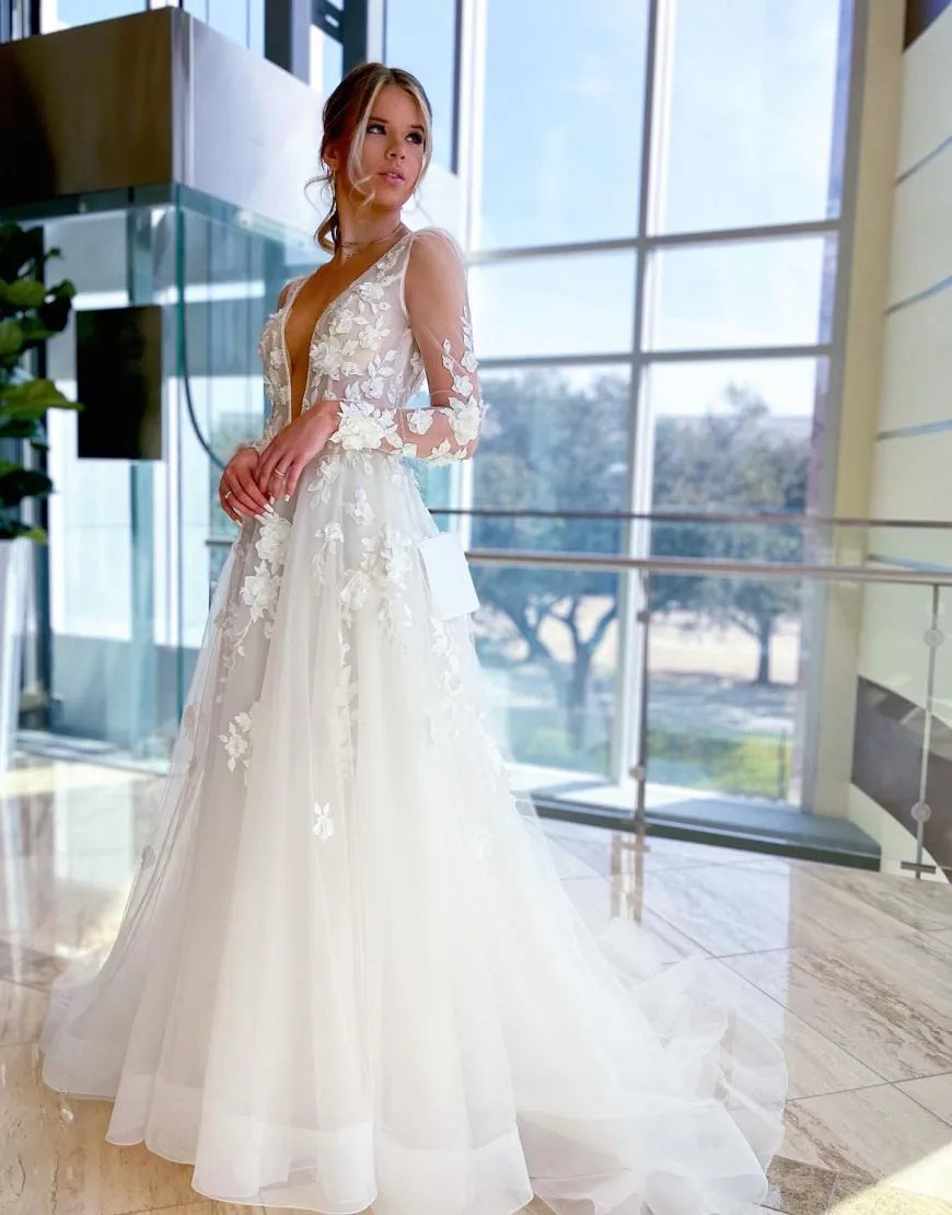 A-Line Deep V-Neck Long Sleeves Wedding Dress With Appliques