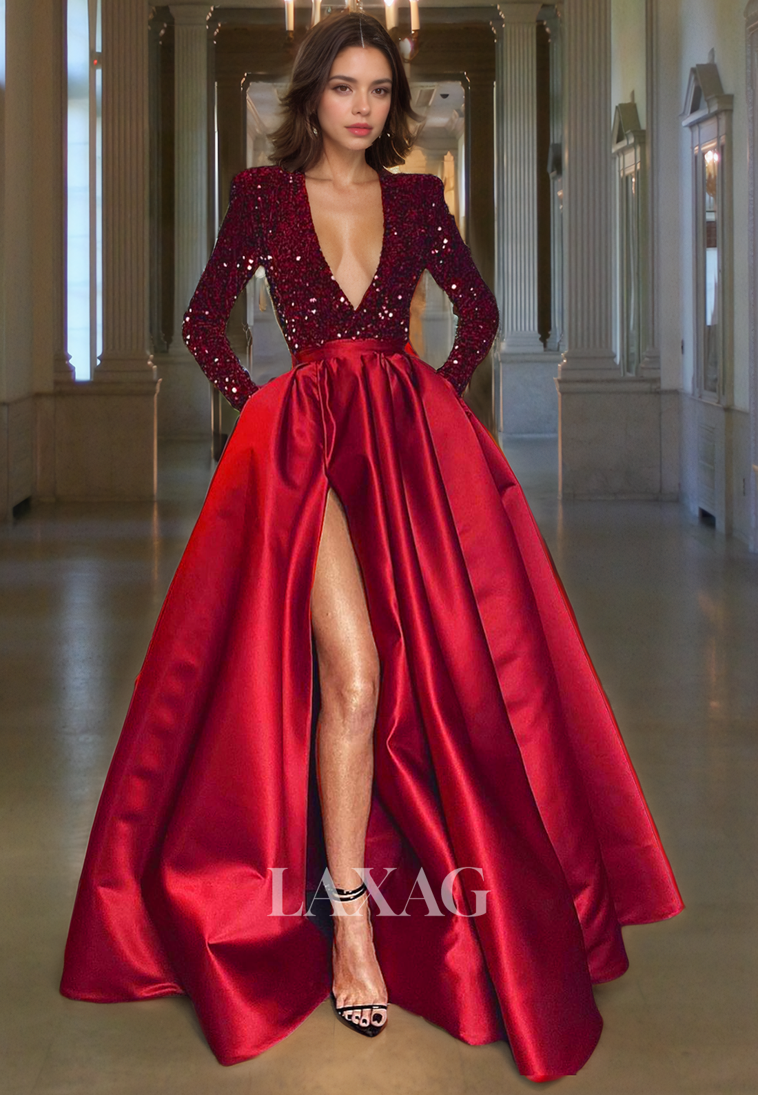 A-Line Low V-Neck Long Sleeves Sequins Sleek Satin High Slit Party Prom Formal Evening Dress - Fashionpara