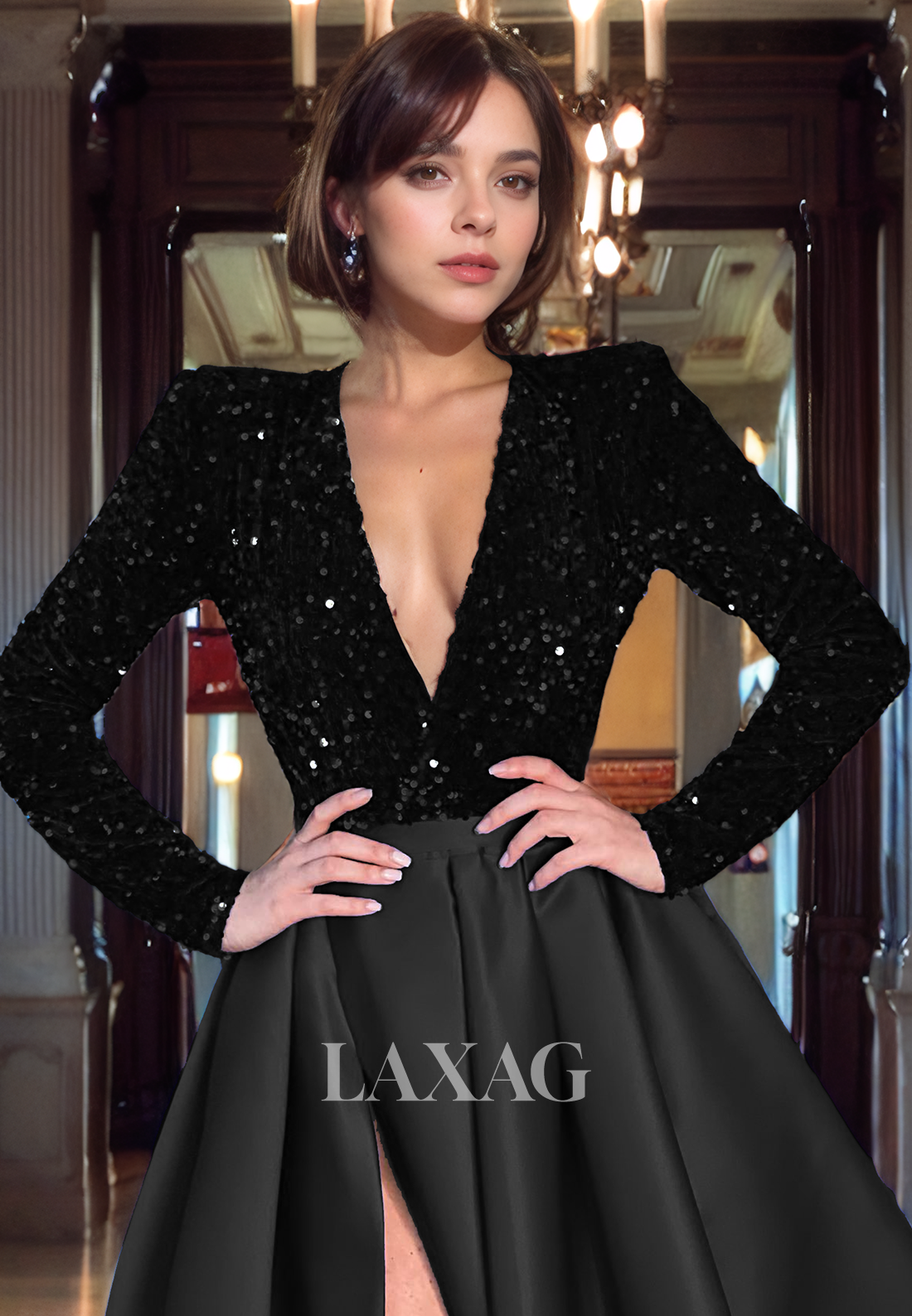 A-Line Low V-Neck Long Sleeves Sequins Sleek Satin High Slit Party Prom Formal Evening Dress - Fashionpara