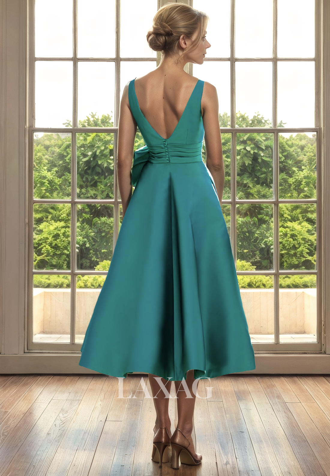 A-Line Low V-Neck Open Back Beaded Sleek Satin Mother of the Bride Dress - Fashionpara