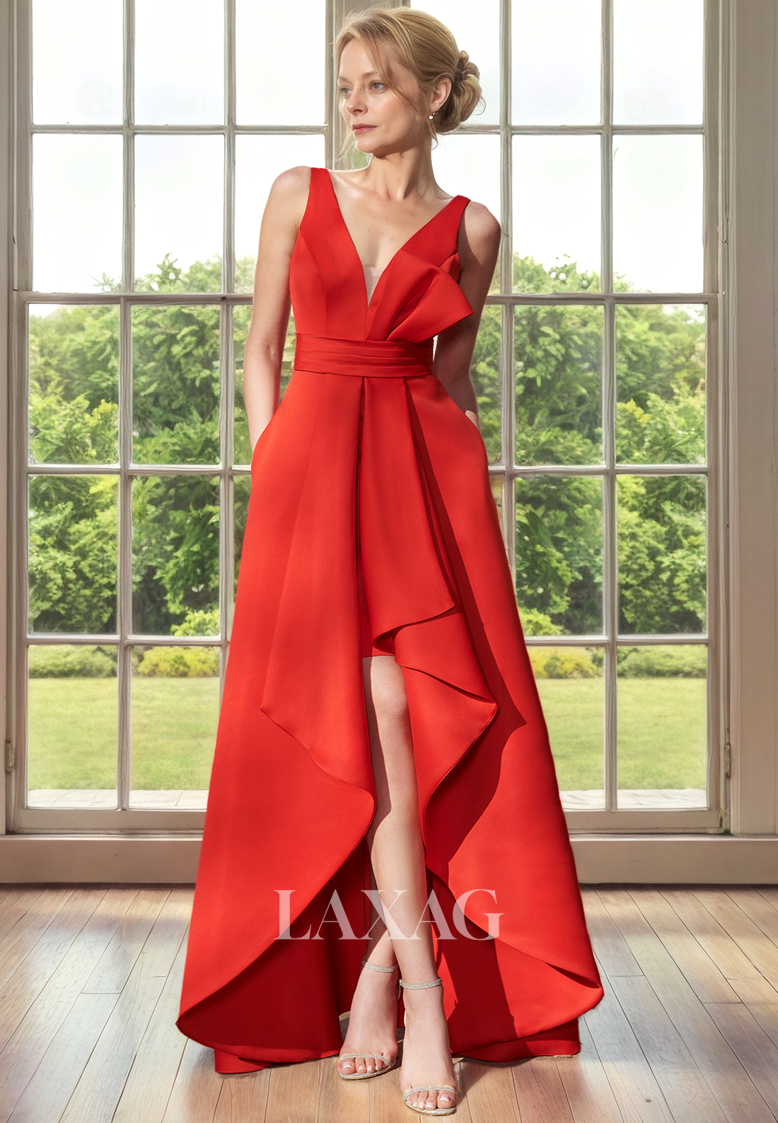 A-Line Low V-Neck Open Back High-Low Sleek Satin Mother of the Bride Dress - Fashionpara