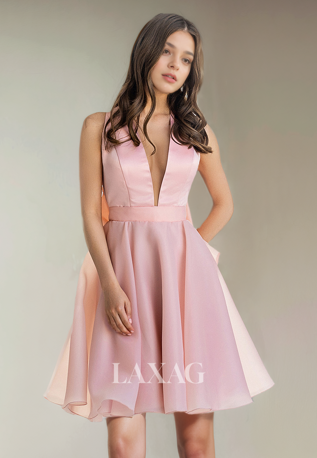 A-Line Low V-Neck Open Back Tulle Party Homecoming Dress with Bow Detail